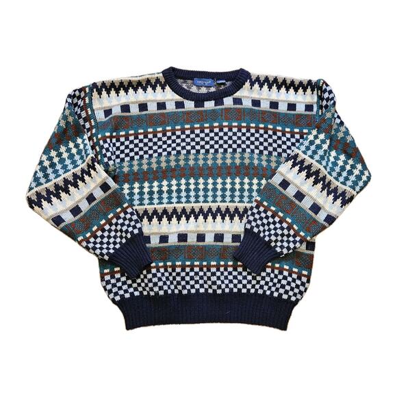 Vtg Towncraft Geometric Grandpa Sweater Mens L Blue Teal Retro Aztec Boho - Picture 1 of 8